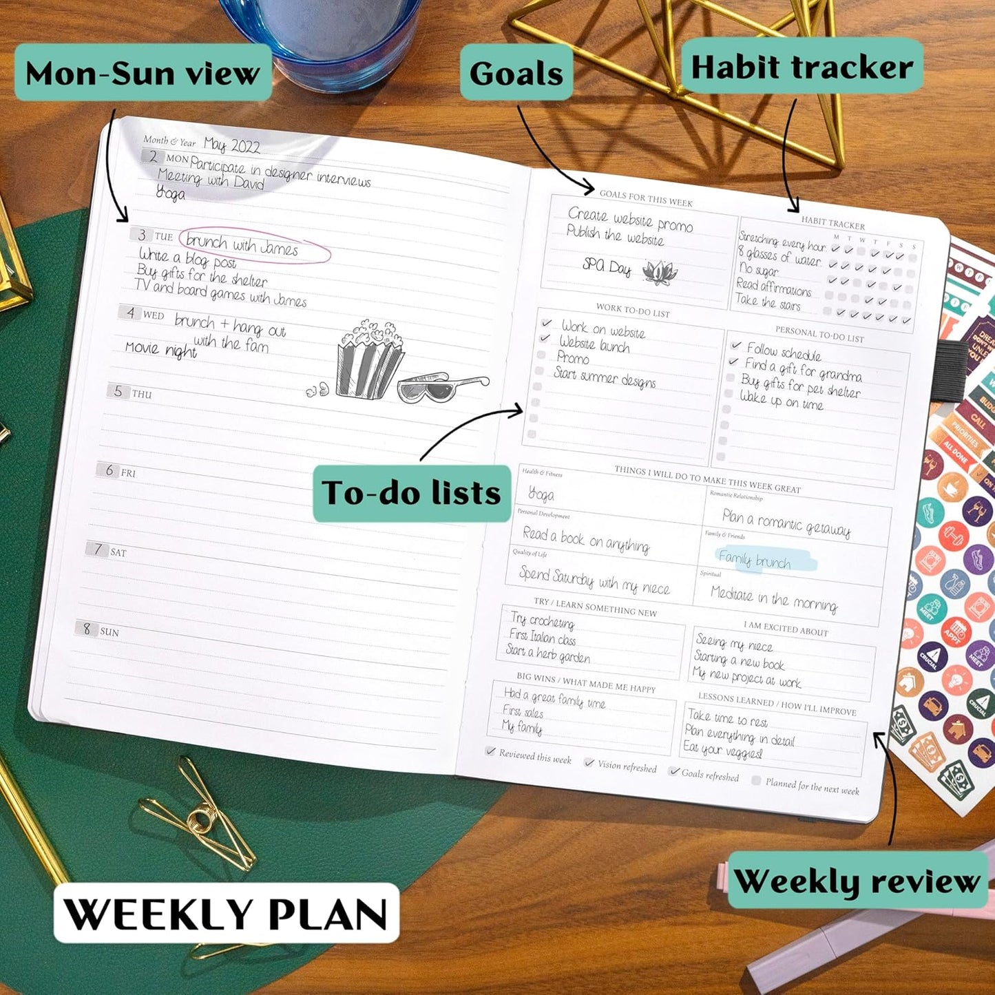 Legend Planner PRO – Deluxe Weekly & Monthly Life Planner to Increase Productivity and Hit Your Goals. Time Management Organizer Notebook – Undated – 7 x 10" Hardcover + Stickers – Black