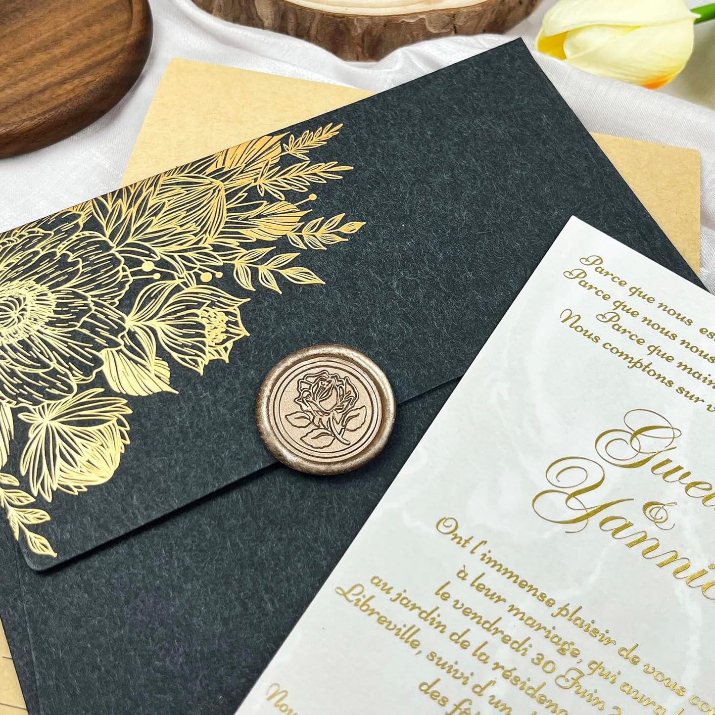 50Pcs Wax Seal Stickers Handmade Envelope Seals Self Adhesive Wax Stickers for Wedding Party Invitations, Envelope, Gift Wrap, Christmas(Rose Style, Champagne Gold)