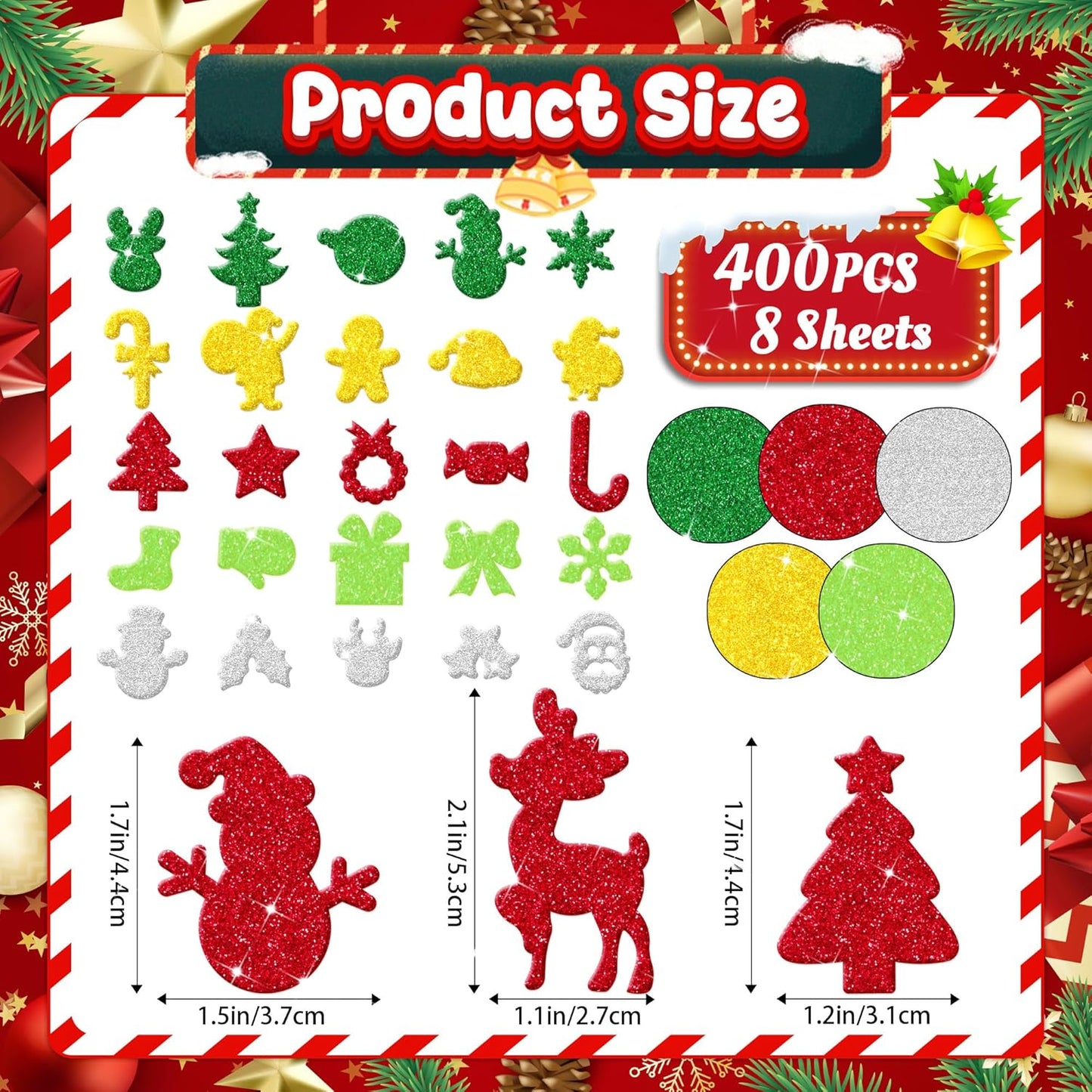 Foam Stickers Glitter Colorful Self Adhesive Stickers, Sticker for Kids Crafts Arts Supplies Scrapbooking DIY Greeting Card Envelopes Home Decor(Christmas Style)