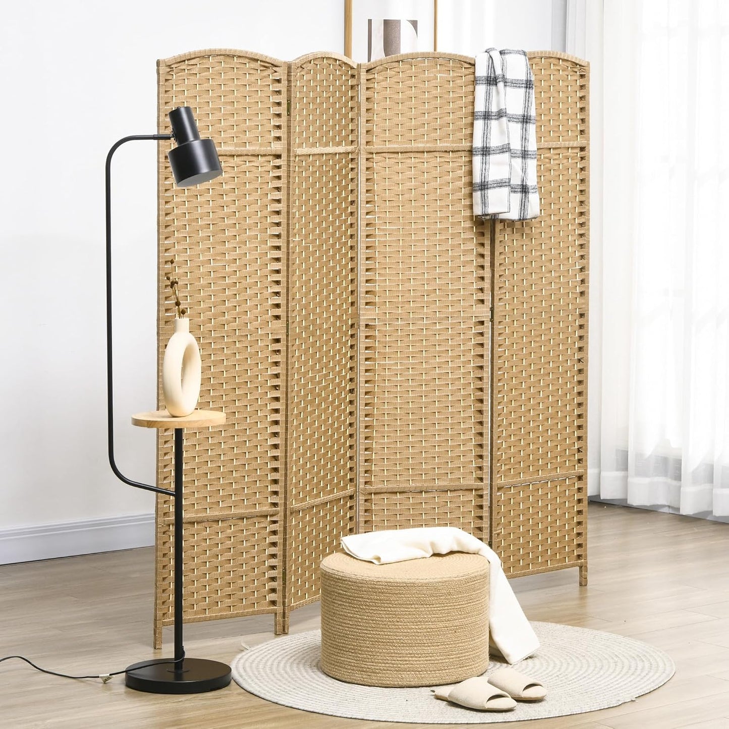HOMCOM Room Divider, 4 Panel Folding Privacy Screen, 5.6' Tall Freestanding Wall Partition for Home Office, Bedroom, Nature Wood