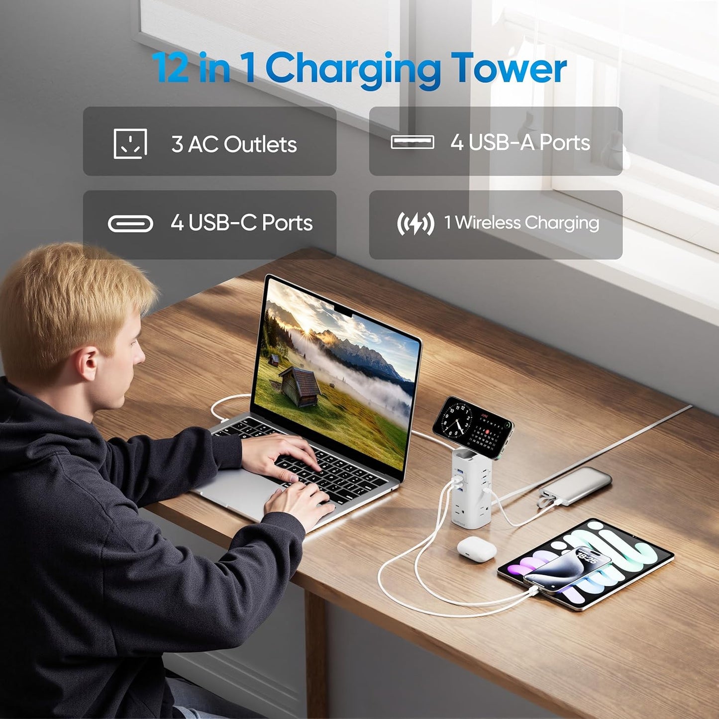 Power Strip Tower Surge Protector, TenTrend Flat Plug Extension Cord with 3AC Outlets & 8 USB Ports(4 USB-C), 115W Fast Charging Station for Home, Office Supplies, Dorm Room
