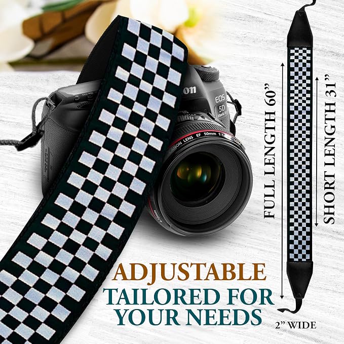 Art Tribute Custom Black White Checkers Camera Strap - Image 6
