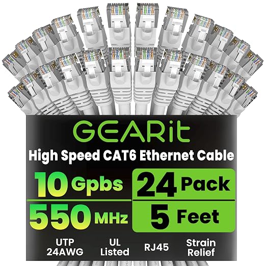 GEARit Cat 6 Ethernet Patch Cables 5 ft White, High Speed 24AWG 10Gbps RJ45 by GEARit