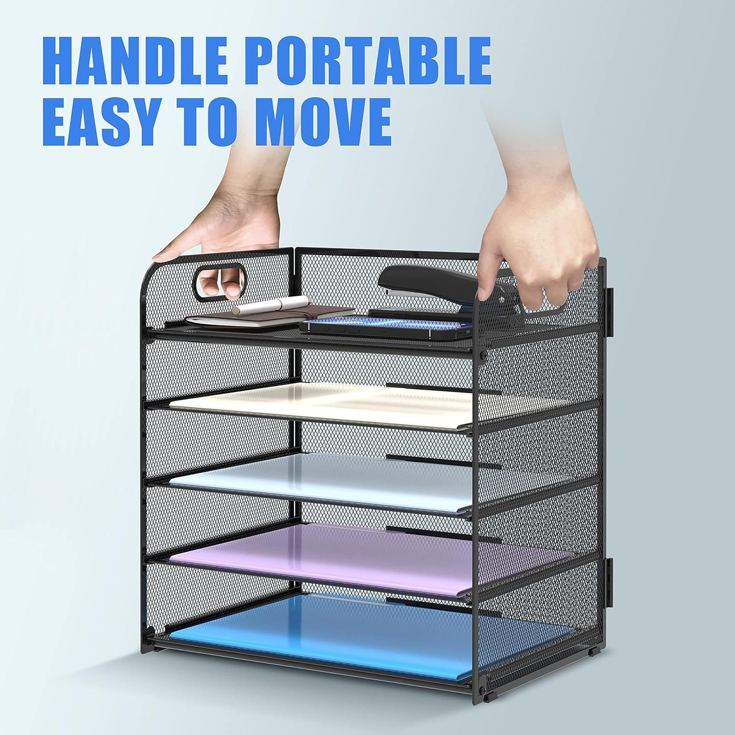 2 Pack 5-Tier Desk Organizer with Handle Mesh Desk File/Paper Organizer Letter Tray for Office, School and Home Easy Installation, Black