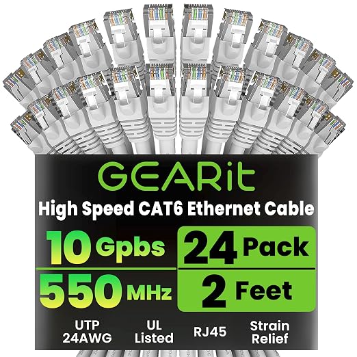 GEARit Cat 6 Ethernet Patch Cables 2 ft White, High Speed 24AWG 10Gbps RJ45 by GEARit