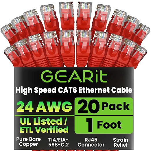 GEARit Cat 6 Ethernet Patch Cable 1 ft Red Cat6 Patch Cables 1ft Red/Ethernet by GEARit