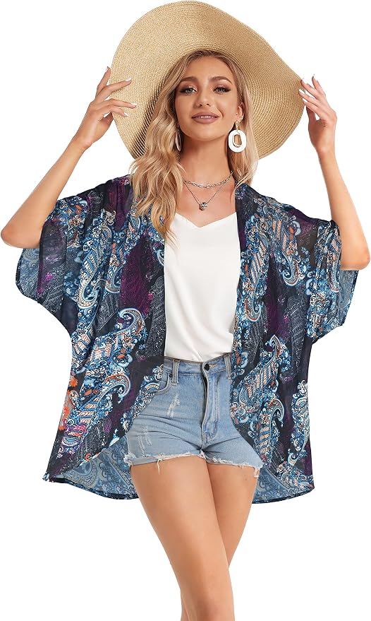 Women's Floral Print Puff Sleeve Kimono Cardigan Loose Cover Up Casual Blouse - Image 7