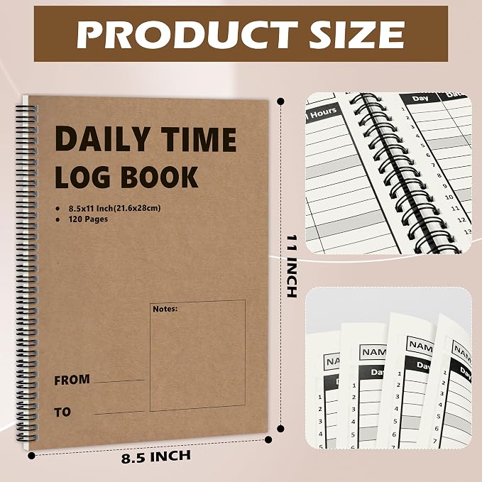 3 Pcs Daily Time Sheet Log Book Spiral 120 Pages 8.5x11 Inch Binder Work Hours - Image 2