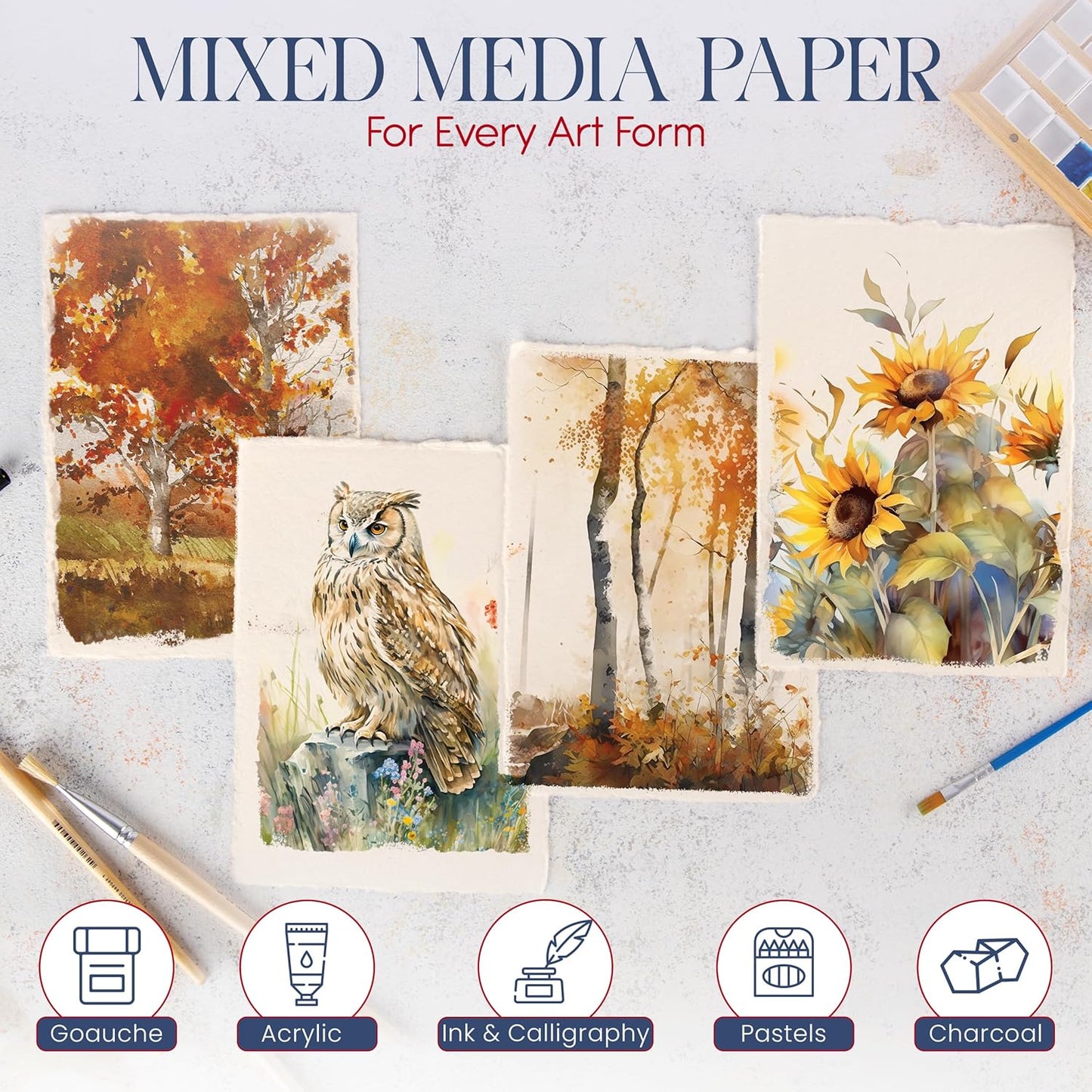 Wanderings Thick Handmade Watercolor Paper with Deckled Edge - 9x12-500GSM Premium Ivory Cold-Pressed Textured Mixed Media Paper Made with Recycled Cotton - 15 Loose Leaf Sheets