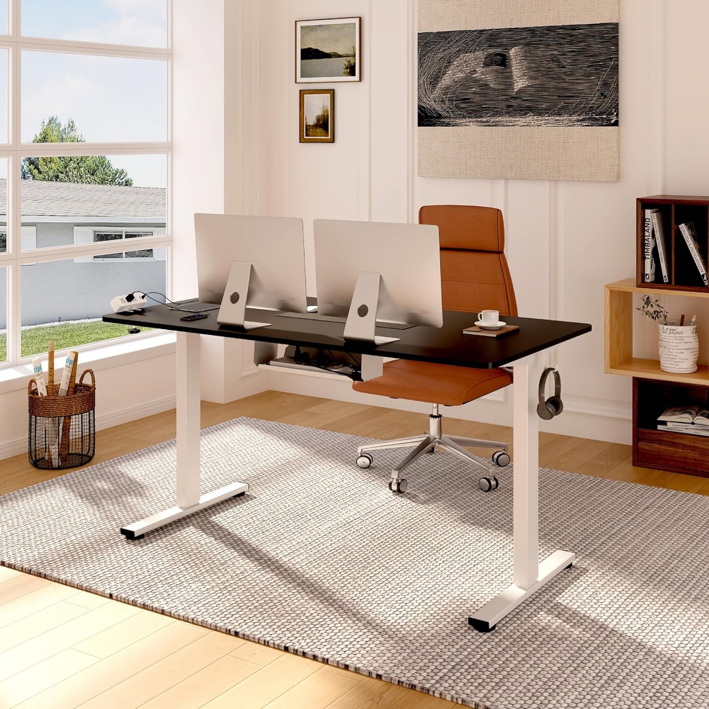 FLEXISPOT EN2 Whole-Piece Standing Desk with Clamp Power Strip, 48 x 24 Electric Stand Up Height Adjustable Desk with Cable Management (White Frame + 48" Black Top, 2 Packages)