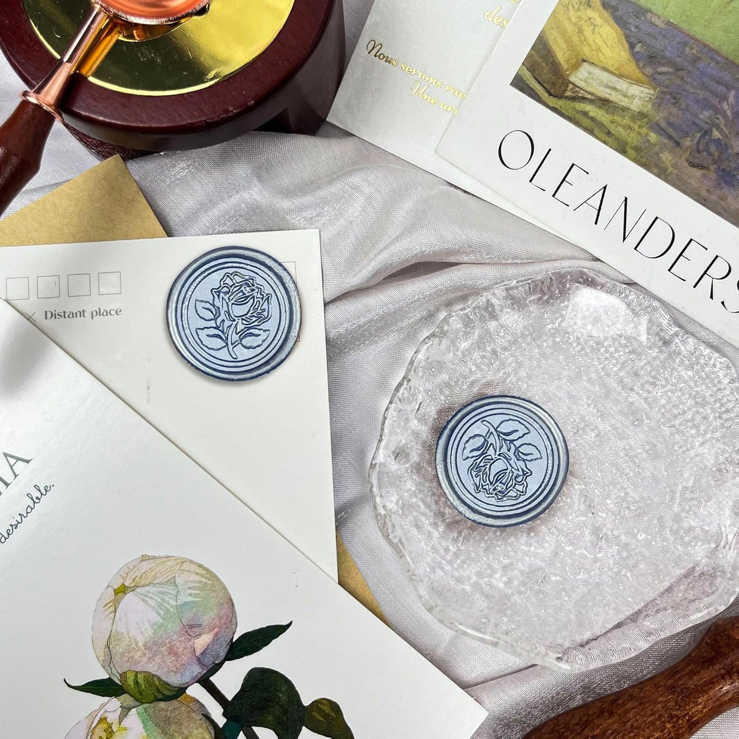 100Pcs Wax Seal Stickers Handmade Envelope Seals Self Adhesive Wax Stickers for Wedding Party Invitations, Envelope, Gift Wrap, Christmas(Rose Style, Gray Blue)