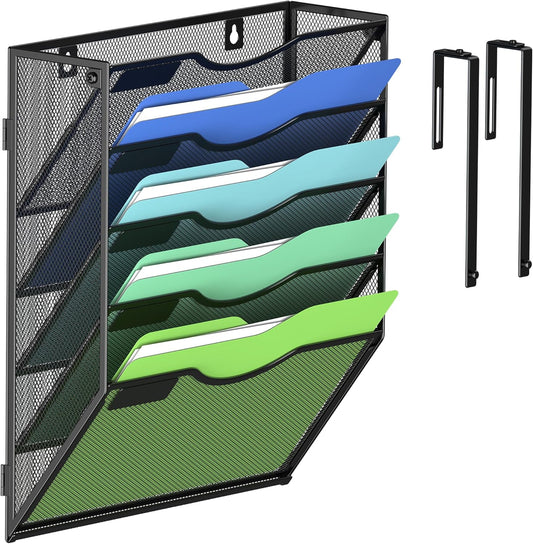 Kuntine.B Wall File Organizer Office Hanging Magazine Holder Wall File Organizer for Office Home (Black, 5 Tier & Hangers)