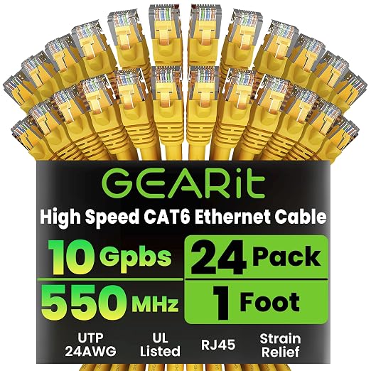 GEARit Cat 6 Ethernet Patch Cables 1 ft Yellow, High Speed 24AWG 10Gbps RJ45 by GEARit