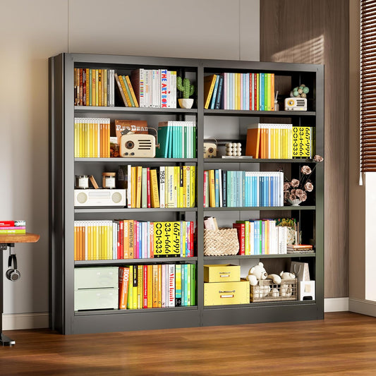 5-Tier Bookcase with Adjustable Storage Shelves, Metal Bookshelf with Book Stopper, Bookcase Shelf for Library, Office, Living Room (Black-2)