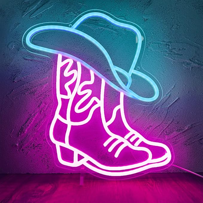 Cowboy Boot and Hat LED Neon Sign, Western Country Wall Decor by Manimo
