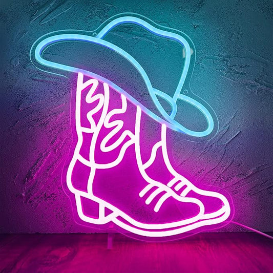 Cowboy Boot and Hat LED Neon Sign, Western Country Wall Decor by Manimo