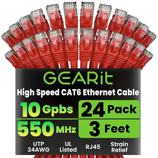 GEARit Cat 6 Ethernet Patch Cables 3 ft Red, CAT6 High Speed 24AWG 10Gbps RJ45 by GEARit