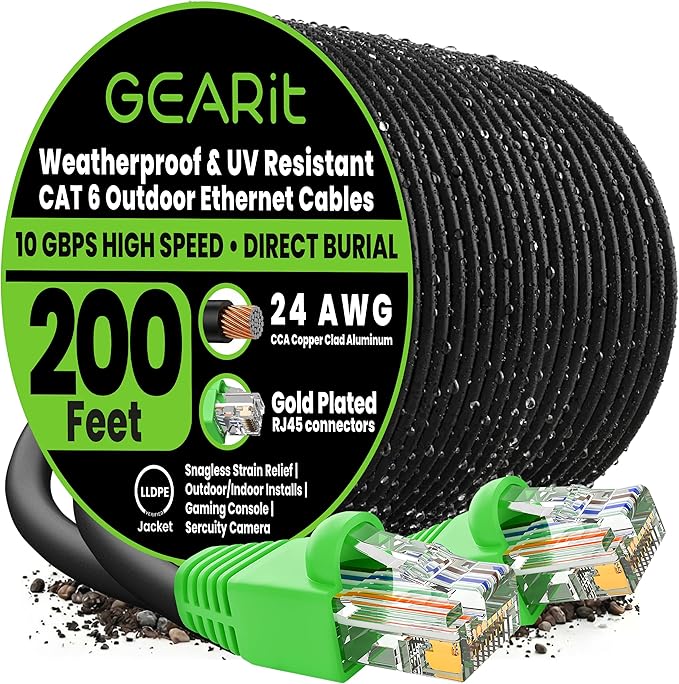 GEARit Cat6 Ethernet Cable 200ft, Outdoor Direct Burial Cat 6 Cable 24AWG High by GEARit