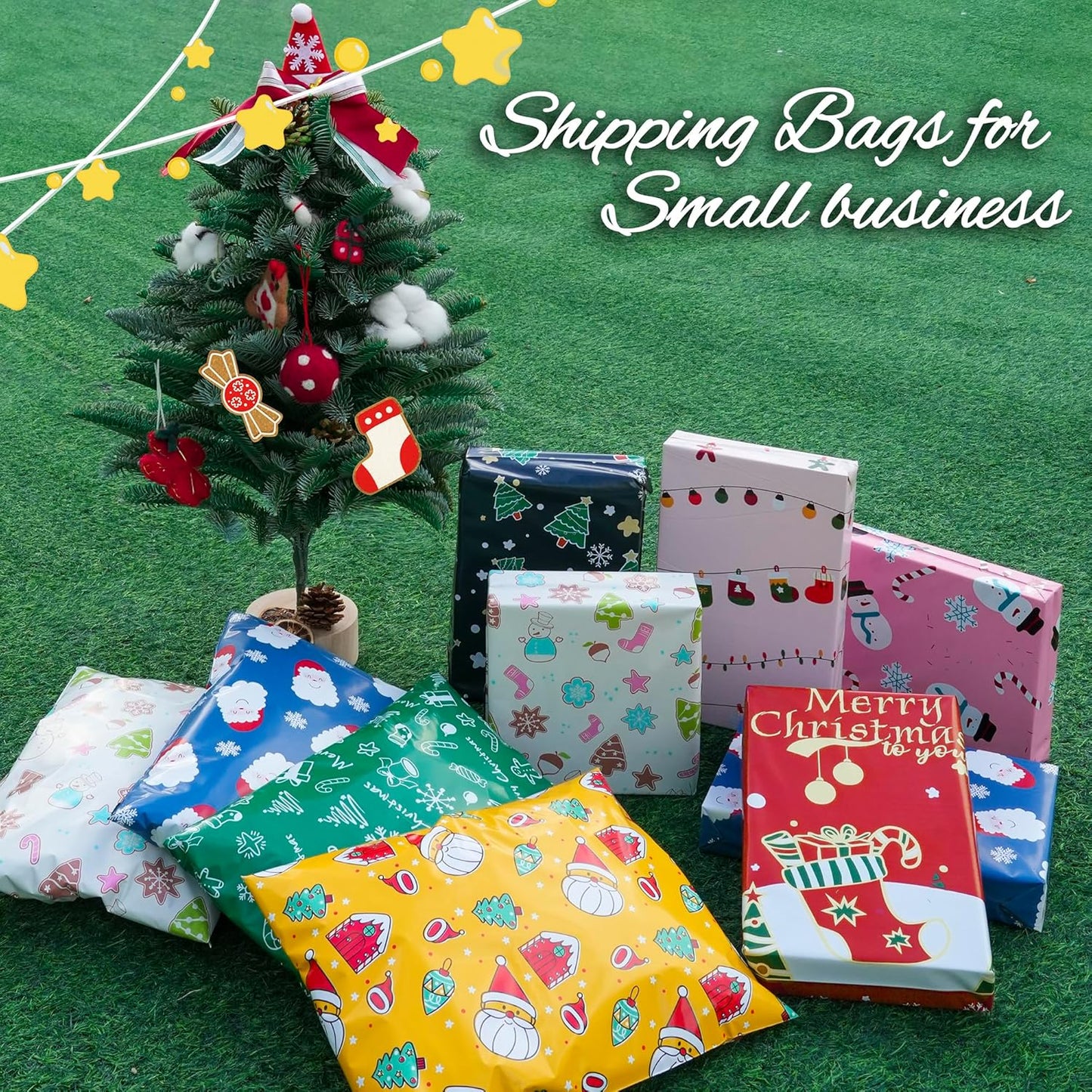 Christmas Poly Mailer 10x13 Inch 100 Pcs, Waterproof Shipping Bags for Clothing, Tear-Resistant Mailier Bags, Strong Mailing Bags with Self-Seal - Christmas Elements Printed
