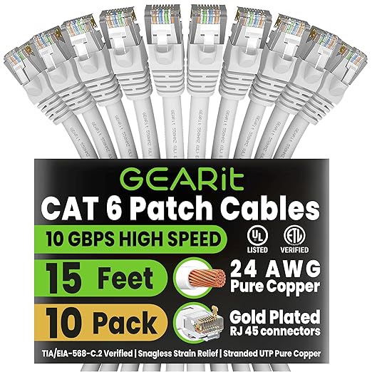 GEARit Cat 6 Ethernet Patch Cable 15 ft White Cat6 Patch Cables 15ft by GEARit