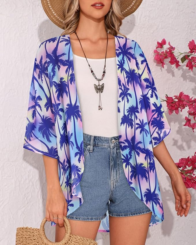 Women's Floral Print Puff Sleeve Kimono Cardigan Loose Cover Up Casual Blouse - Image 3