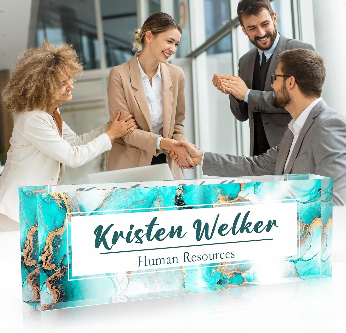 Desk Name Plate Personalized, Premium Ocean Blue Gold Marble Acrylic Desk Name Plate, Personalized Name Plate for Desk, Office Decor for Women or Men Coworkers, Boss, Employee, Teacher