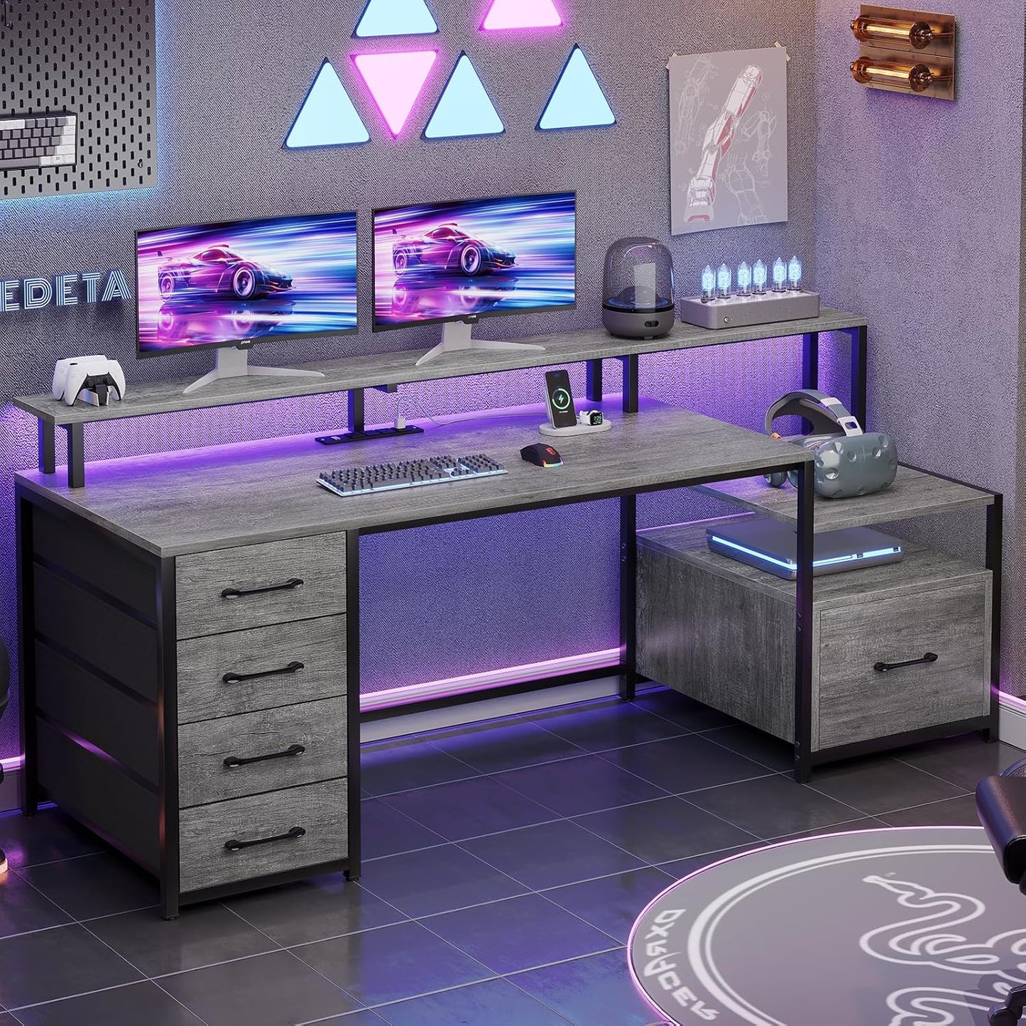 SEDETA Home Office Desk with File Drawer & Power Outlet, 66'' Computer Desk with 5 Drawer, Storage Shelves, Printer Cabinet and Monitor Shelf, Gaming Desk with Led Lights, Grey