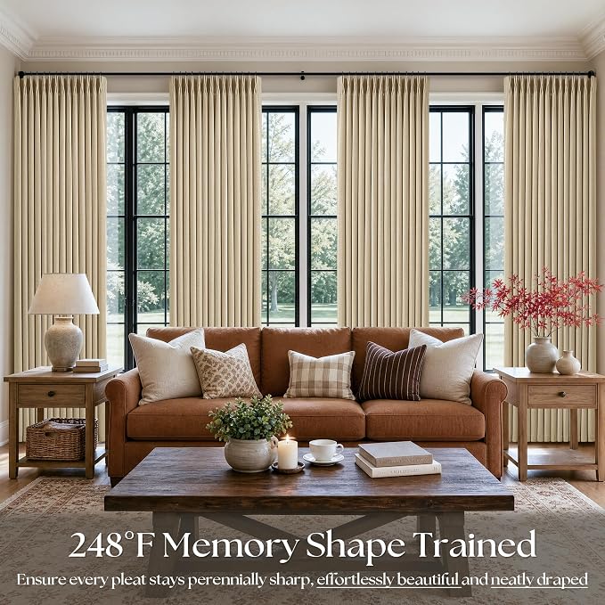 Tan Pinch Pleated Bedroom Curtains 96 Inches Long 4 Panels Set, Memory Trained - Image 6