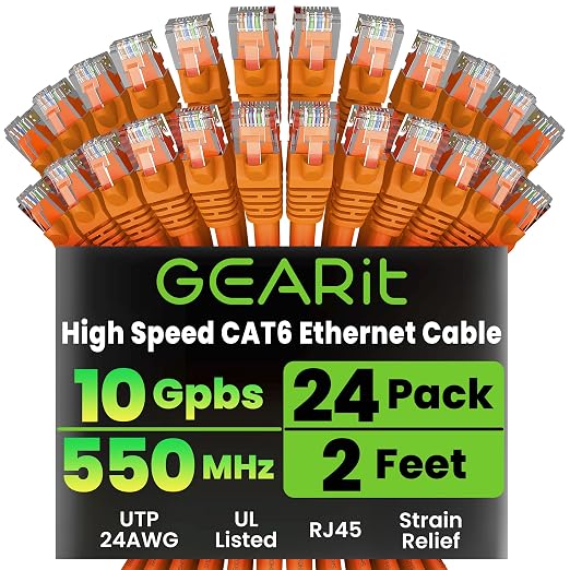 GEARit Cat 6 Ethernet Patch Cables 2 ft Orange, High Speed 24AWG 10Gbps RJ45 by GEARit