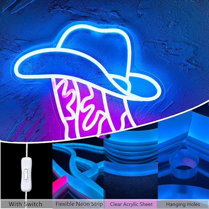 Cowboy Boot and Hat LED Neon Sign, Western Country Wall Decor - Image 4