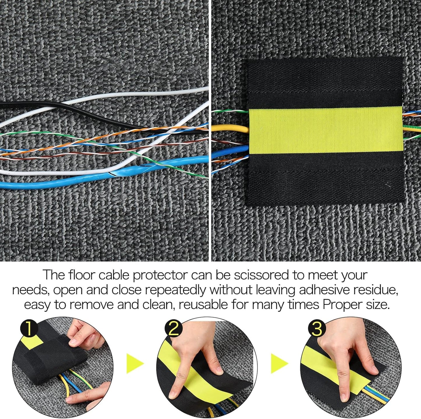 WILLBOND Carpet Cord Cover Cable Grip Floor Cover Cable Protector Management Only for Commercial Office Carpet(Black and Yellow,19.69 ft)
