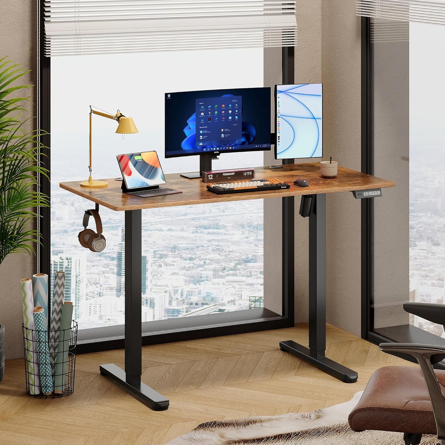 DEVAISE 48 Inch Electric Standing Desk, 3 Adjustable Height Stand up Desk for Home Office, Ergonomic Sit to Stand Desk with LED Touchscreen and Hook, 3 Memory Preset Computer Desk (Rustic Brown)