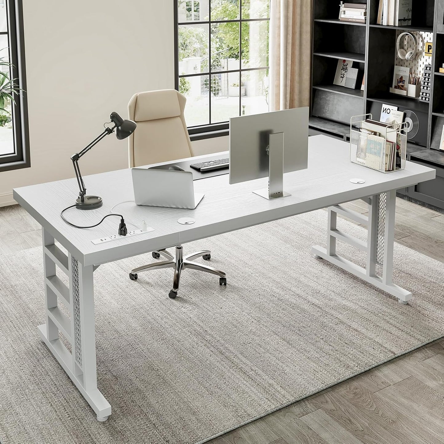 Coleshome 71 Inch Executive Desk with USB Ports, Large Computer Desk with Extra Thick, Long Mordern Office Workstation, Business Furniture for Home Office, White