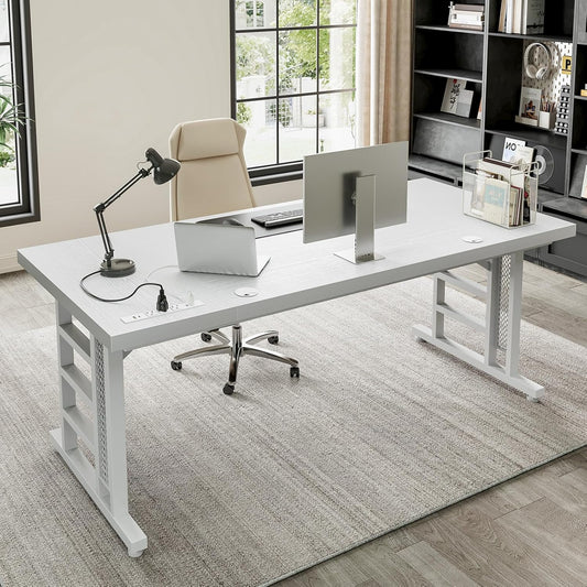 Coleshome 71 Inch Executive Desk with USB Ports, Large Computer Desk with Extra Thick, Long Mordern Office Workstation, Business Furniture for Home Office, White