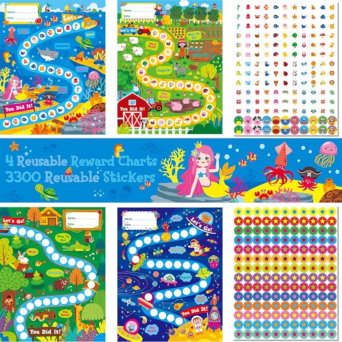 4 Incentive Charts with 3300 Reusable Stickers, Forest/Farm/Ocean/Space Themed by Stickyourhappymoment