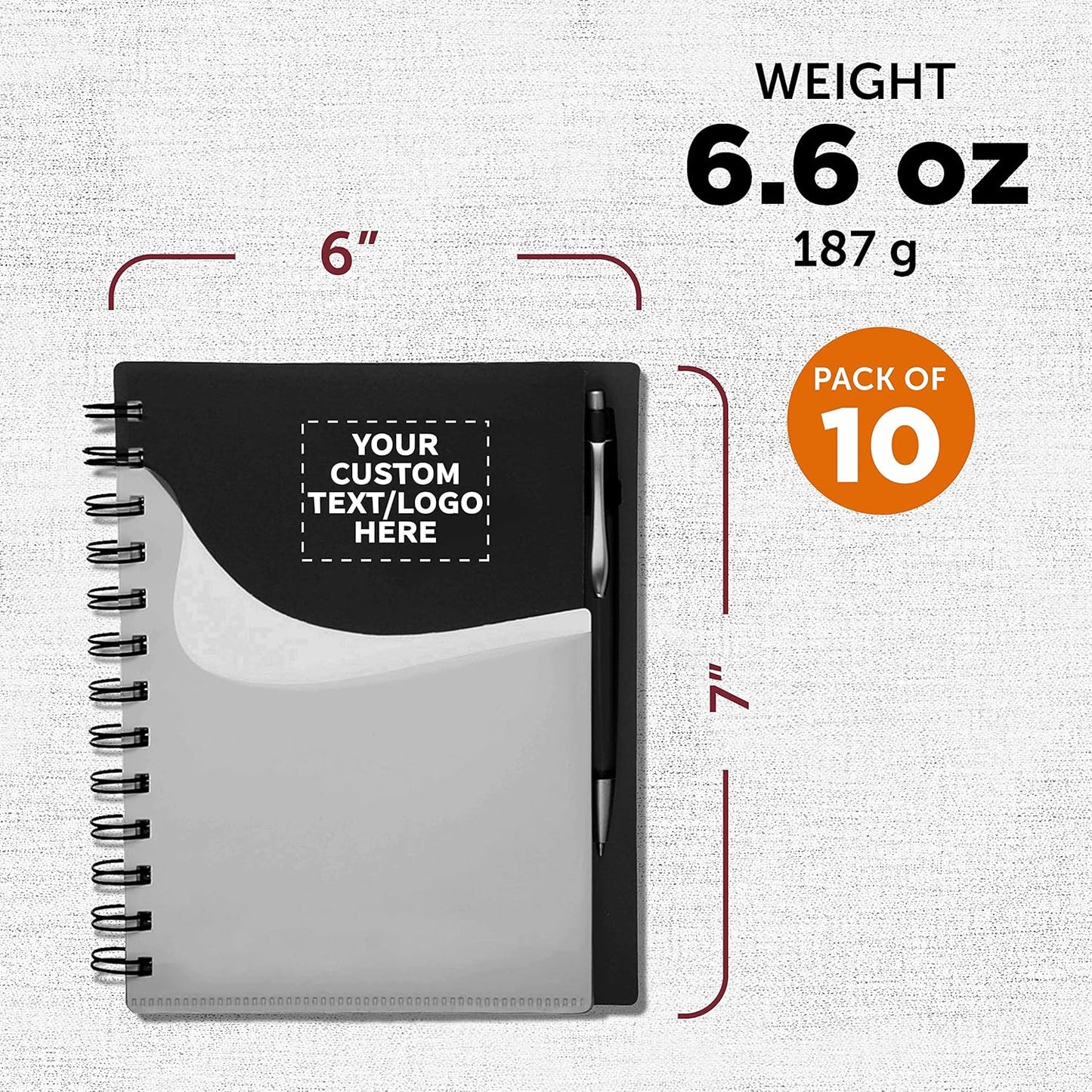 DISCOUNT PROMOS Custom Spiral Notebooks with Front Pocket Set of 10, Personalized Bulk Pack - Durable Plastic Cover, Includes Matching Pen in Blank Ink, Perfect for School, Office, Home - Black