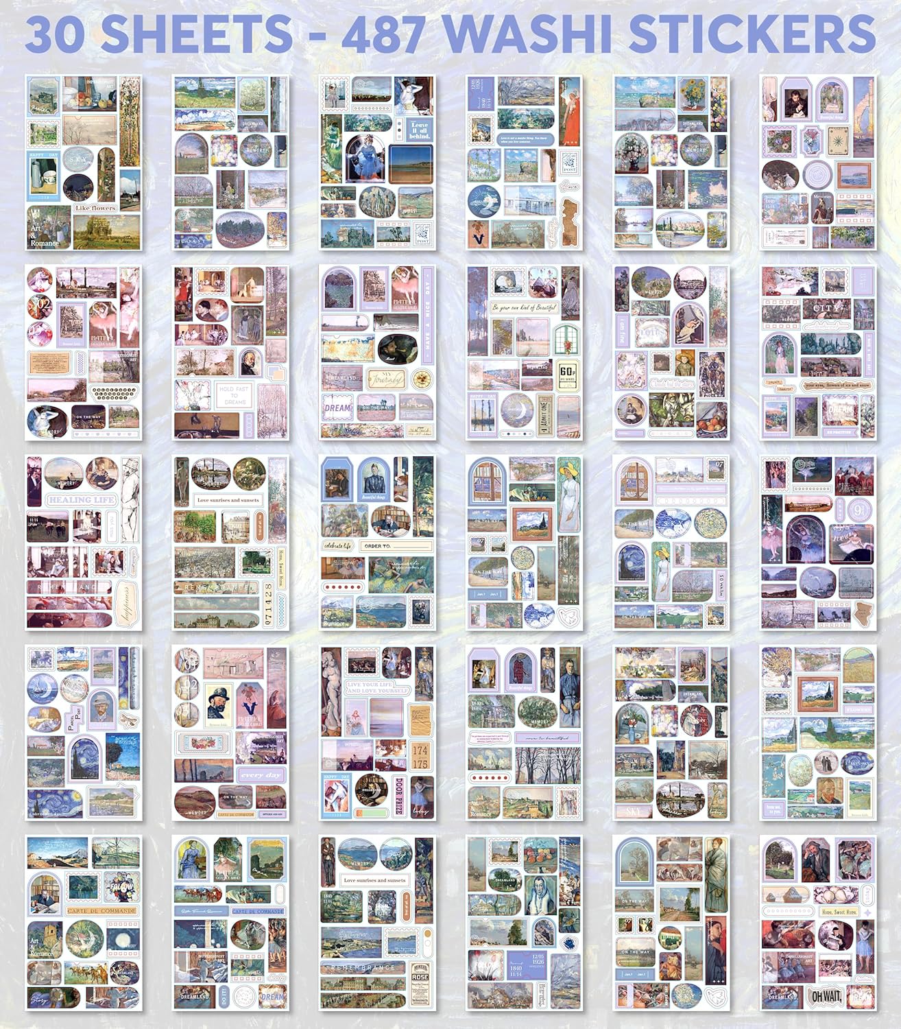 Vintage Journaling Supplies for Junk Journal - 487 Scrapbooking Stickers & 20 Ephemera Papers Washi Stickers with Art Famous Paintings