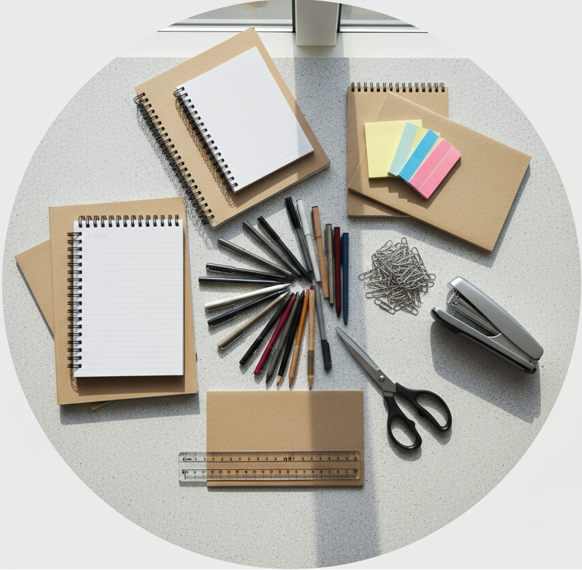 circle photo of office supplies and make it  areal photo