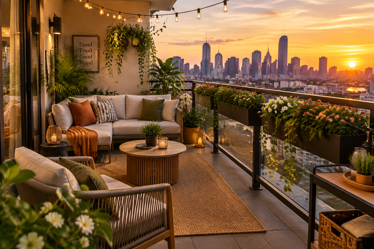 A thoughtfully styled modern apartment balcony filled with greenery and comfortable outdoor living